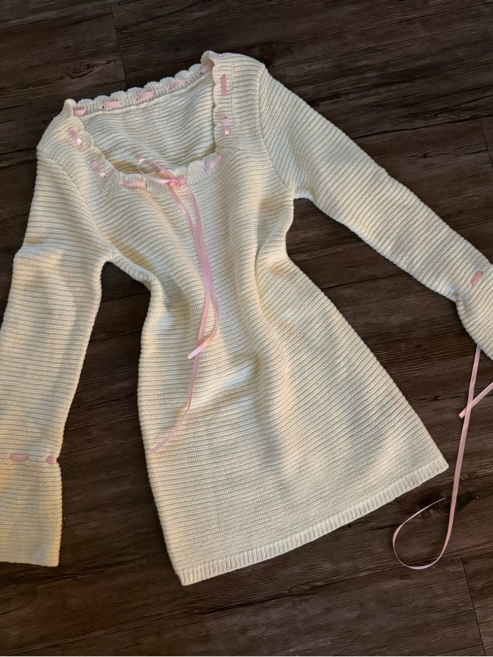 SHEIN Cream Off-Shoulder Knit Sweater with Pink Ribbon